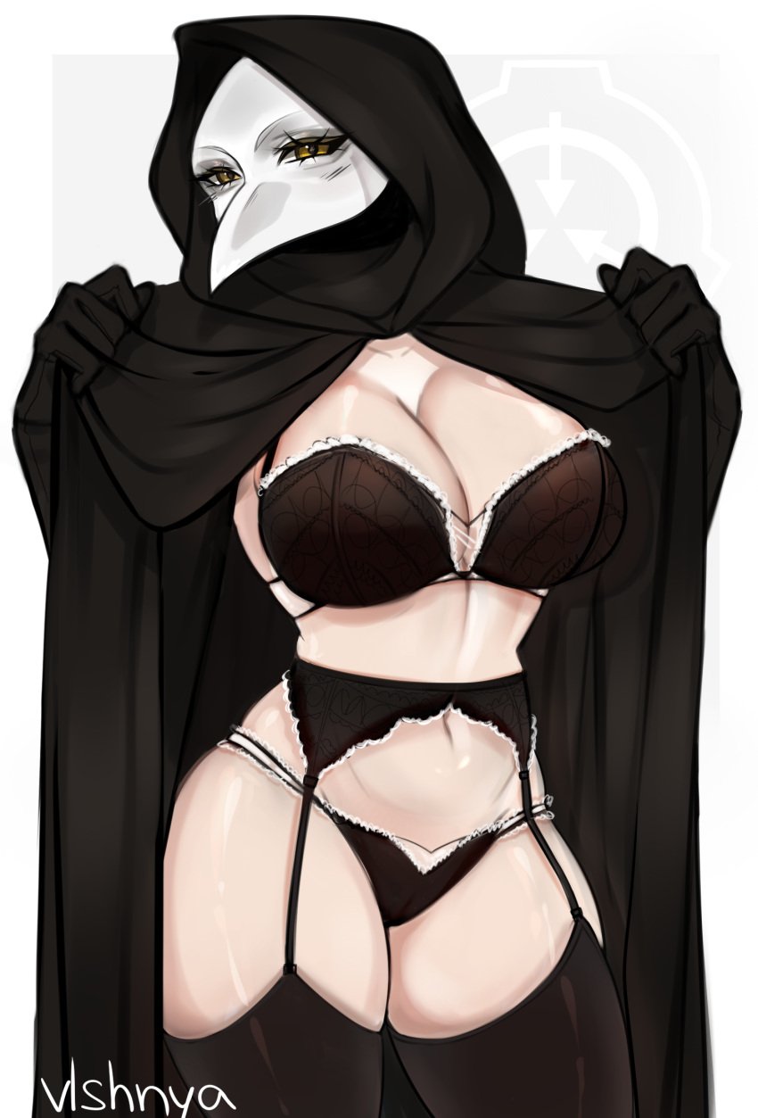 bedroom_eyes big_breasts black_clothing black_panties cloak female female_only flashing gloves lingerie looking_at_viewer open_clothes pale_skin plague_doctor plague_doctor_mask scp-049 scp_containment_breach scp_foundation tagme vlshnya