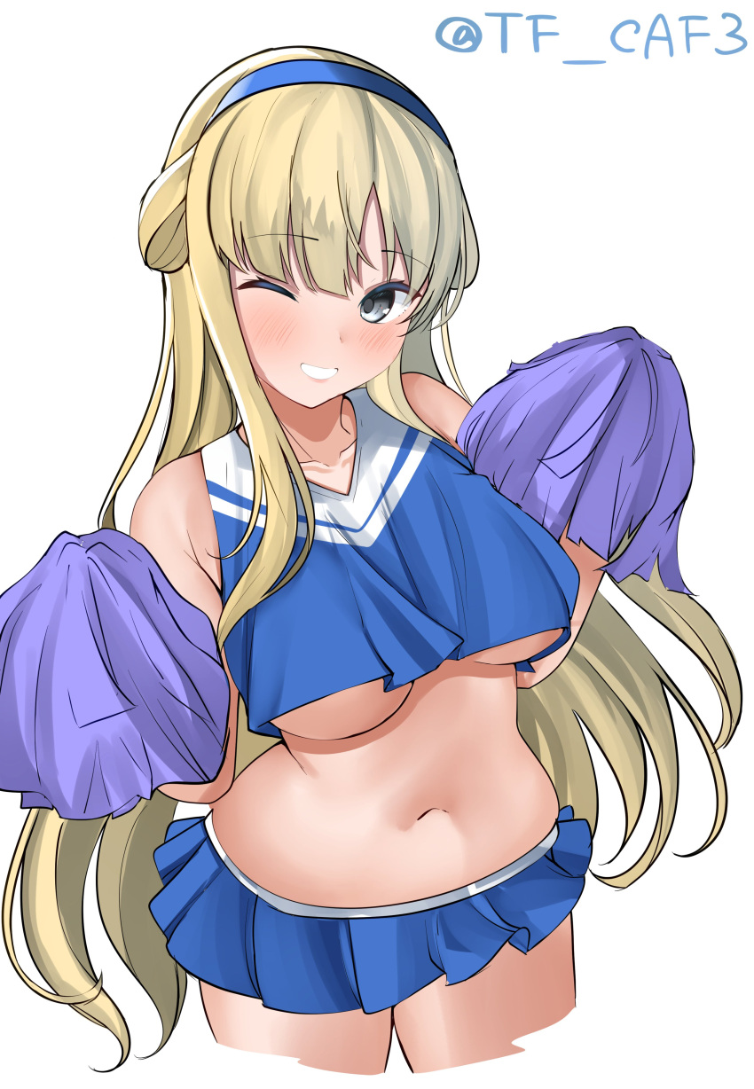 1girls absurdres alternate_costume blonde_hair blue_shirt blush breasts cheerleader crop_top double_bun female fletcher_(kantai_collection) hair_bun hairband highres kantai_collection large_breasts light-skinned_female light_skin long_hair looking_at_viewer midriff miniskirt navel pleated_skirt pom_pom_(cheerleading) shirt simple_background skirt smile solo tf_cafe twitt twitter_username underboob