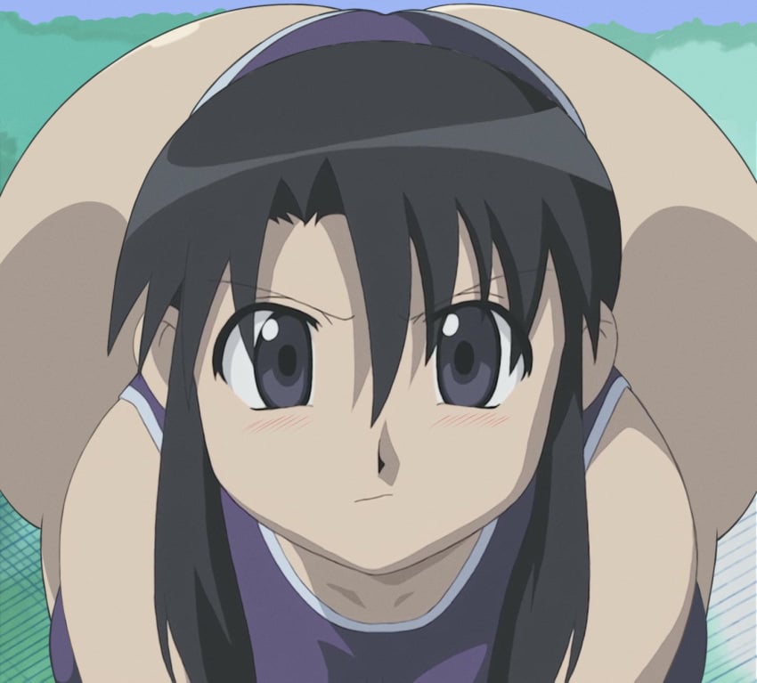 1girls azumanga_daiou bent_over big_ass black_eyes black_hair blush edit female_only fence huge_ass huge_breasts long_hair looking_at_viewer massive_ass nyamo_minamo_kurosawa outside please_look_forward_to_it screenshot_edit solo solo_female stern_expression swimsuit thesanstorm voluptuous voluptuous_female wide_hips