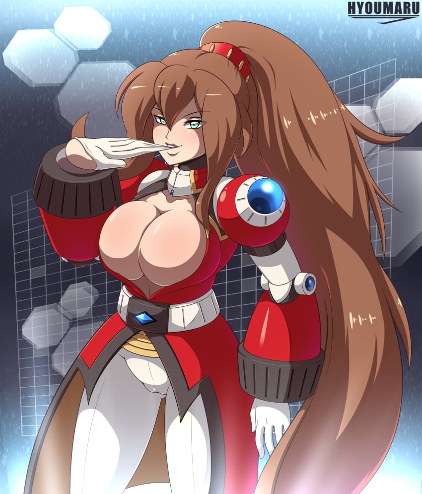 alternate_version_available brown_hair capcom curvy gloves gloves_removed green_eyes hyoumaru imminent_sex iris_(mega_man) iris_-another-_(mega_man) long_hair looking_at_viewer mega_man mega_man_x mega_man_x_dive removing_glove reploid robot robot_girl robot_humanoid solo solo_female white_gloves