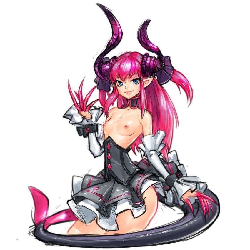 blue_eyes color corset elizabeth_bathory_(fate) fate_(series) high_resolution highres horns louten no_bra pink_hair skirt small_breasts tail topless topless_female white_background