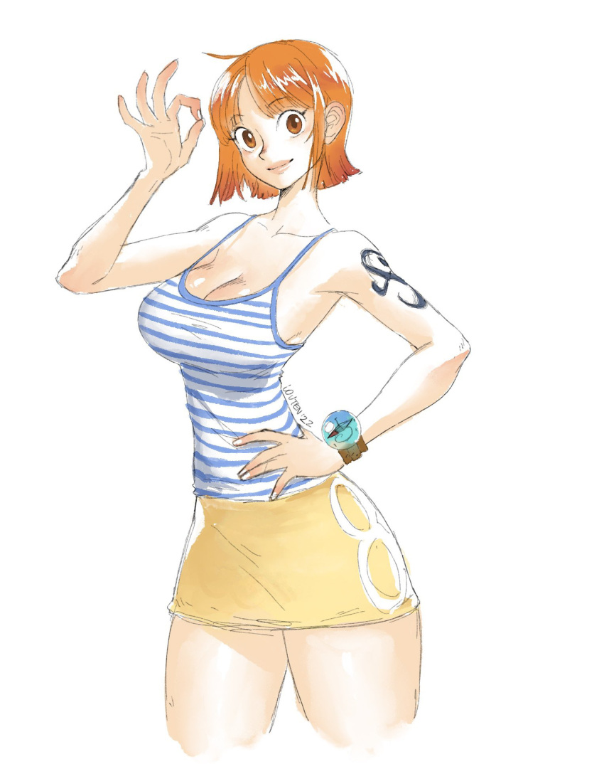 big_breasts cleavage clothed color female female_only hi_res high_resolution highres louten nami one_piece orange_eyes orange_hair pre-timeskip short_skirt sketch skirt tattoo