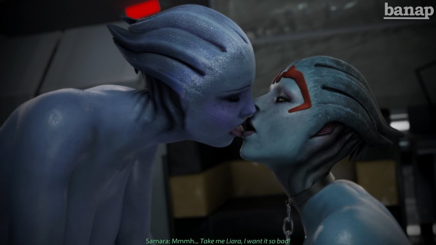 3d alien asari banap blender blender_(software) blue_skin breasts chained collar comic comic_page dialogue english english_dialogue english_text futanari kissing leash liara_t'soni mass_effect no_nut_november nude nude_futanari open_mouth samara self_upload tagme text tongue tongue_out