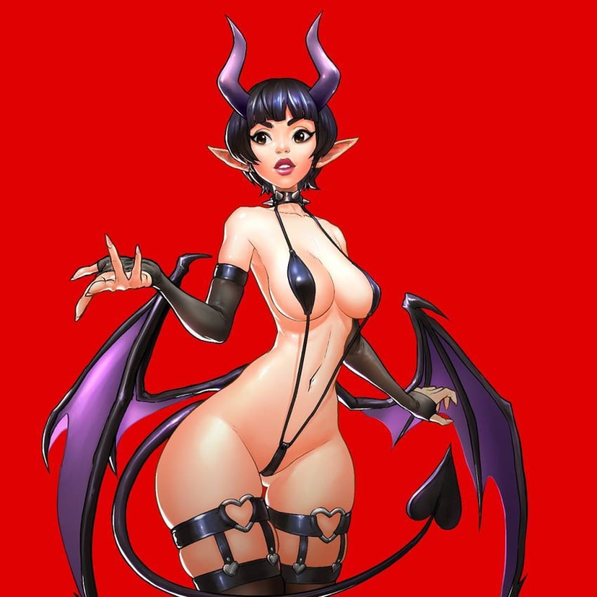 bat_wings big_breasts black_hair color colored female horns louten short_hair slingshot_swimsuit solo solo_female succubus susu_jpg swimsuit swimsuit_succubus tail thick_legs thick_thighs wide_hips