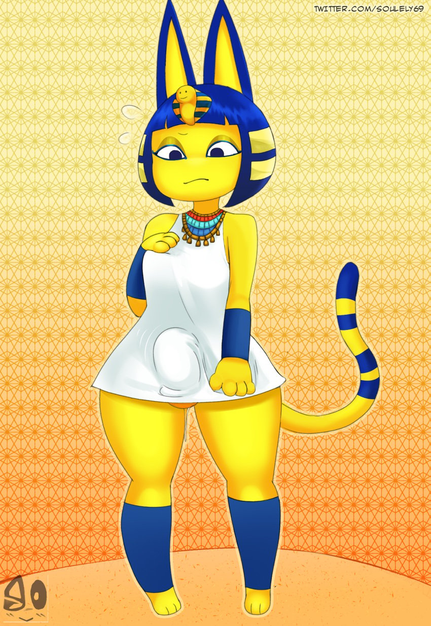 animal_crossing ankha ankha_(animal_crossing) anthro breasts bulge bulge_through_clothing clothed clothing erection erection_under_clothes erection_under_skirt fully_clothed furry futa_only futanari hand_on_breast hiding_erection penis pushing_down skirt souley69 tagme