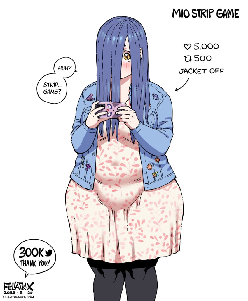 1girls bbw blue_hair bulge clothed dialogue dress fat fat_woman fellatrix female female_only huge_fupa mio_(fellatrix) overweight solo strip_game tagme white_background