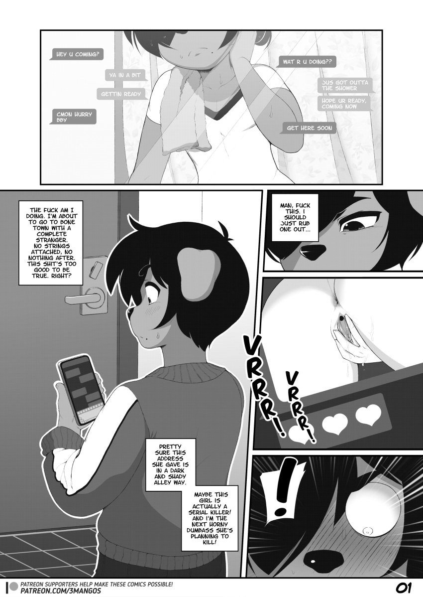 3mangos bathroom blush cocoa_(3mangos) comic comic_page dog_boy furry getting_dressed hair_covering_eye mirror mongoart original presenting_pussy sexting showing_ass text text_bubble texting wide_eyed