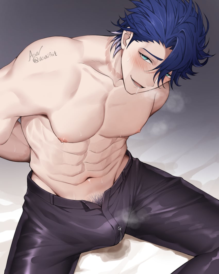 1boy abs arms_behind_back asaifrit blue_hair blush blushing erect_nipples erect_penis erection_under_clothes gay happy_trail honkai:_star_rail looking_at_viewer looking_up male male_only muscular muscular_male precum pubic_hair saliva_trail sampo_(honkai_star_rail) shirtless sitting solo steam sweat visible_breath yaoi