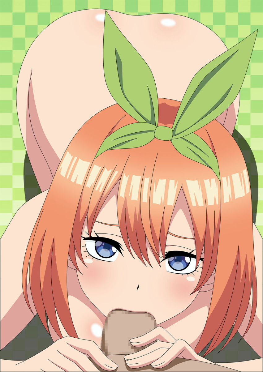 atelier_gons big_breasts blowjob blue_eyes censored deepthroat go-toubun_no_hanayome nakano_yotsuba naked orange_hair smiling_at_viewer