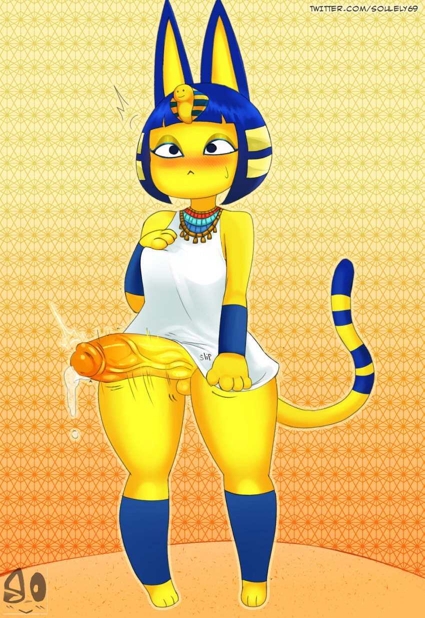 1futa accidental_exposure animal_crossing ankha ankha_(animal_crossing) anthro balls balls_under_clothes bottomless bottomless_skirt bulge bulge_through_clothing clothed clothing dickgirl embarrassed_nude_futa erect_penis erection erection_under_clothes erection_under_skirt furry futa_only futanari hand_on_breast huge_cock intersex mostly_clothed penis penis_out penis_under_clothes penis_under_skirt precum precum_drip pushing_down skirt skirt_lift solo souley69 tagme twitch_lines