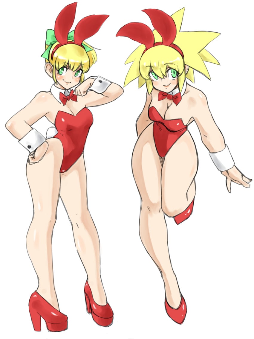 blonde_hair breasts bunnysuit green_eyes high_heels legs leotard mega_man mega_man(classic) mega_man_legends roll roll_caskett tagme thighs toshinoshin00