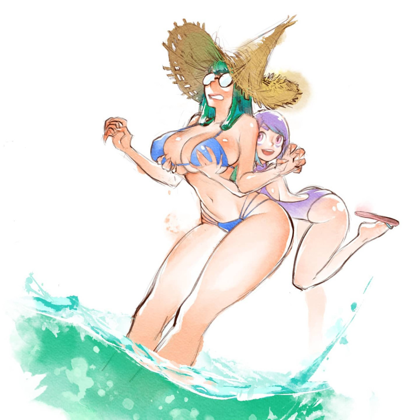 big_breasts big_breasts bikini color colored galbreak glasses grabbing_breasts grabbing_from_behind green_hair hat long_legs louten magdalena_(galbreak) pink_eyes purple_hair swimsuit thick_ass thick_thighs water white_background wizzy_(galbreak)