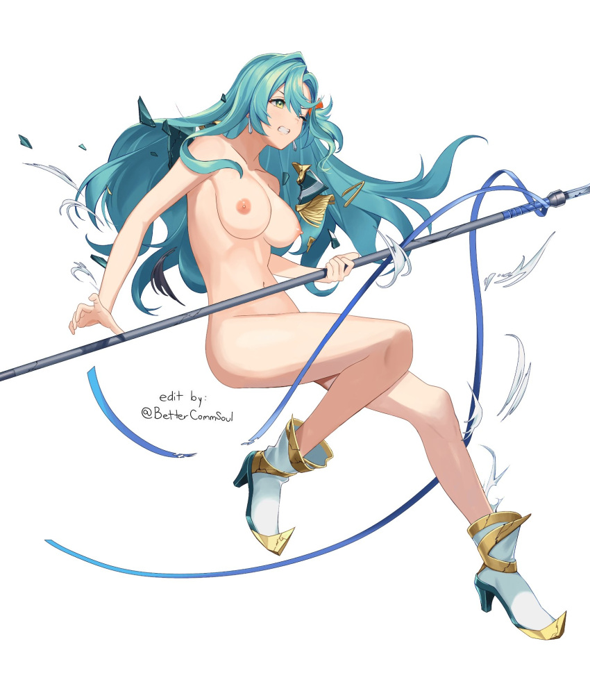 1girls bare_arms bare_legs bettercommsoul blue_hair boots braid breasts chloe_(fire_emblem) clenched_teeth completely_nude edit female female_only fire_emblem fire_emblem_engage fire_emblem_heroes full_body green_eyes high_heels large_breasts legs light-skinned_female long_hair naked_footwear naked_heels nintendo nipples nude nude_female nude_filter one_eye_closed pale-skinned_female pale_skin solo spear torn_clothes very_long_hair weapon white_background