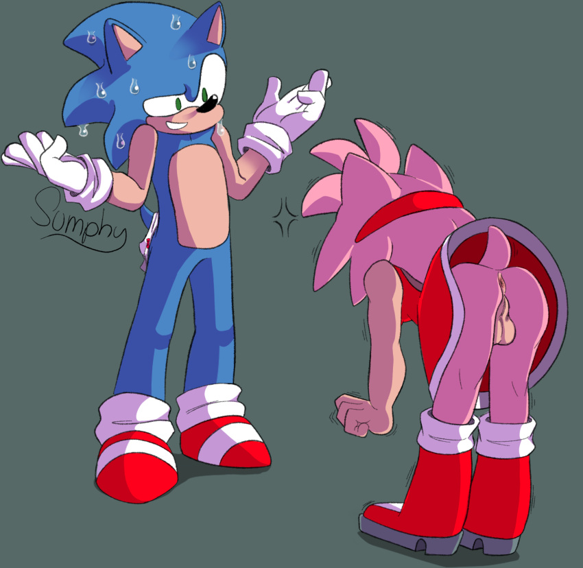 accessory amy_rose angry anthro anus ass backsack balls bent_over bodily_fluids duo eulipotyphlan exposed_torso female footwear futanari genitals gesture gynomorph handwear headband hedgehog hi_res humanoid intersex intersex/male invalid_background male mammal sega shrug shumpy simple sonic_(series) sonic_the_hedgehog sonic_the_hedgehog_(series) sweat sweatdrop