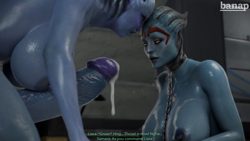 3d alien asari banap big_breasts big_penis blender blender_(software) blue_skin breasts chained collar comic comic_page cum cum_drip cum_leaking cum_on_breasts dialogue english english_dialogue english_text futanari huge_cock hyper hyper_penis leash liara_t'soni mass_effect nipples no_nut_november nude nude_futanari penis samara self_upload tagme text