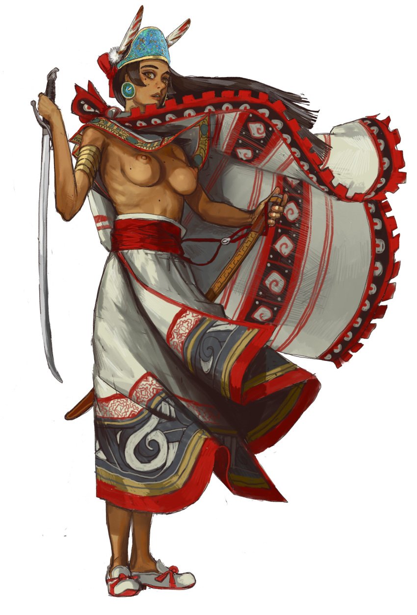 1girls breasts breasts_out dark_skin dress_lift female female_only history long_hair mesoamerican mesoamerican_mythology mossa realistic solo solo_female standing sword traditional_clothes weapon white_hair