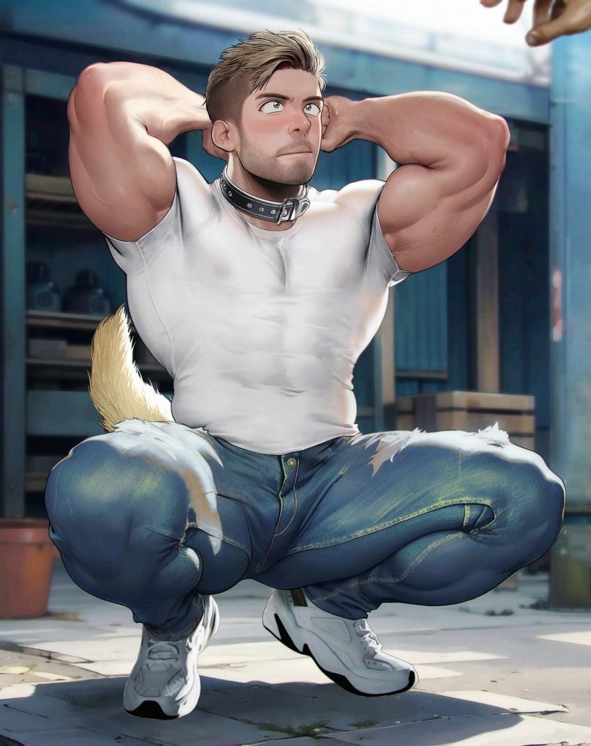 arms_behind_back bara beard boxer_dansi collar dog_tail facial_hair jeans leather_collar legs_apart male male_focus male_only muscle muscles muscular muscular_arms muscular_male shoes sneakers tight_clothing