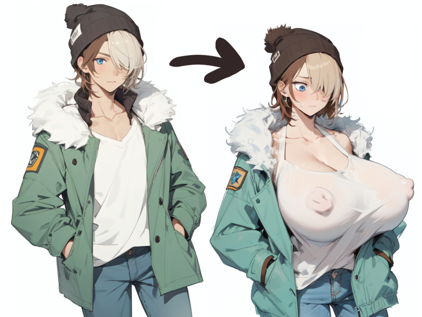 2023 ai_generated anime_nose arrow_(symbol) big_breasts blonde_hair blue_eyes breasts breasts_bigger_than_head brown_hair cleavage clothed_female coat collarbone covered_nipples erect_nipples fur_trim gender_transformation genderswap_(mtf) hair_over_one_eye huge_breasts huge_nipples knit_cap large_breasts long_sleeves looking_at_breasts looking_down nipples nipples_visible_through_clothing original pants rule_63 see-through_clothing short_hair surprised sweatdrop transformation two_tone_hair white_shirt