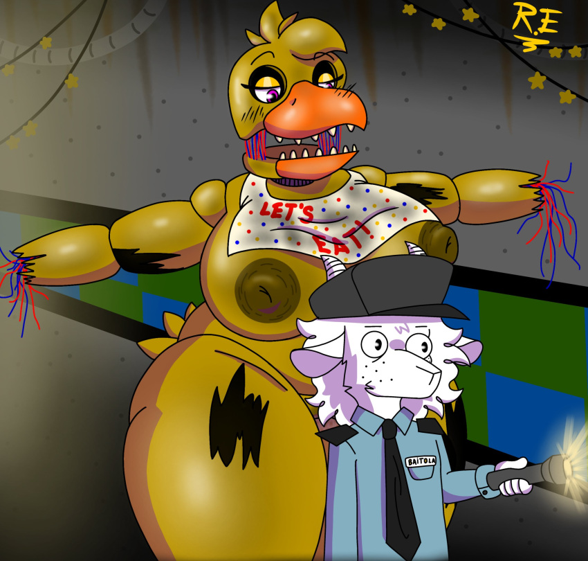 animatronic anthro avian big_breasts big_female bird bovid bow_tie breasts caprine chicken female five_nights_at_freddy&#039;s five_nights_at_freddy&#039;s_2 flashlight fur galliform gallus_(genus) goat hi_res machine male male/female mammal night_guard phasianid raul_maduro raul_maduro_(oc) robot scottgames size_difference small_dom_big_sub smaller_male thick_thighs white_body white_fur wire withered_chica yellow_body