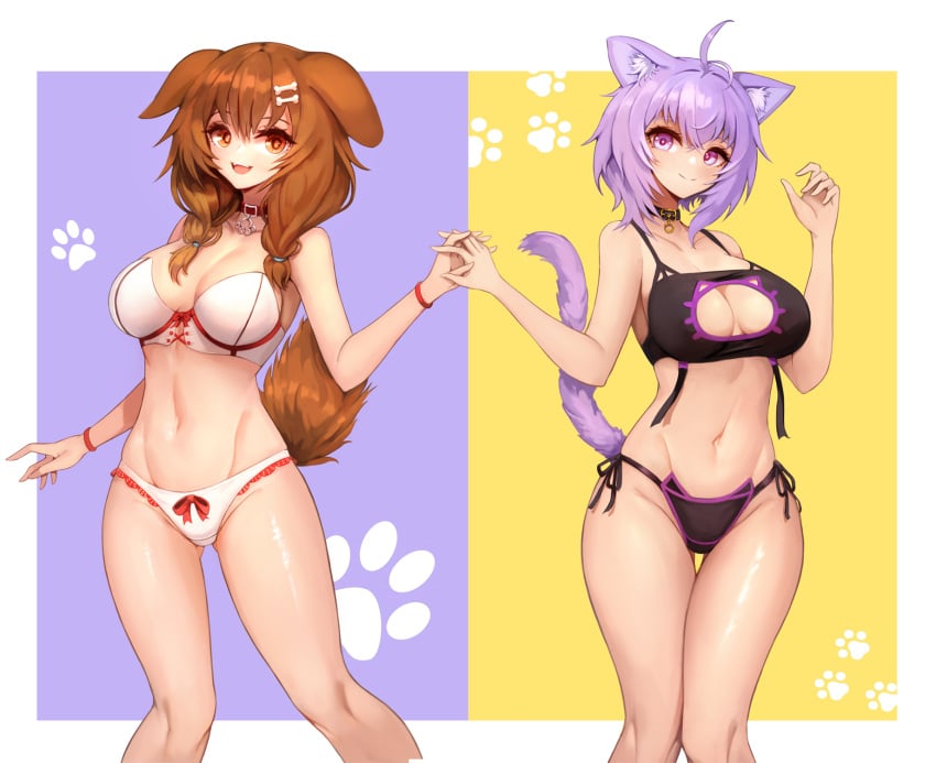 2girls animal_ears black_bra black_lingerie black_panties bone_hair_ornament bow_bra bow_panties bra braid breasts brown_eyes brown_hair cat_ears cat_keyhole_bra cat_keyhole_lingerie cat_lingerie cat_tail catgirl choker cleavage_cutout dog_ears dog_girl dog_tail holding_hands hololive hololive_gamers hololive_japan inugami_korone large_breasts lingerie looking_at_viewer midriff navel nekomata_okayu notte_(artist) panties purple_eyes purple_hair short_hair side-tie_panties strapless_bra twin_braids virtual_youtuber white_bra white_lingerie white_panties wristband