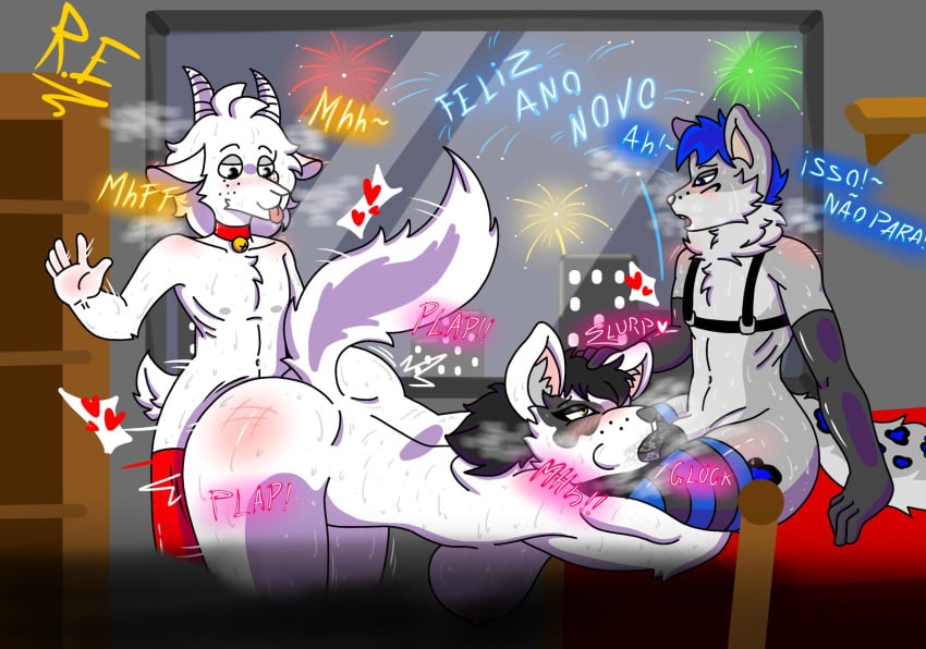 anthro belt_bra big_breasts big_female_small_male big_tail bodily_fluids bovid breasts butt_slap canid canine canis caprine collar female fireworks fox foxter_haruki_(oc) genitals goat group hi_res high_socks jheena_wolvear_(oc) male male/female mammal nipples oral oral_penetration penetration penis raul_maduro raul_maduro_(oc) slap spanish_text spank_marks spanking spanking_butt sweat tail tongue tongue_out trio vaginal_penetration wolf