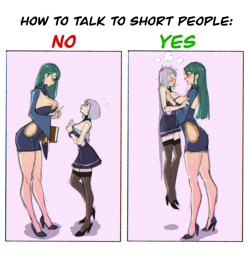 2girls big_breasts cleavage color colored comic dress female female_only galbreak glasses green_hair high_heels how_to_talk_to_short_people long_legs louten magdalena_(galbreak) pink_eyes pink_hair sketch stockings thick_thighs tight_clothing wizzy_(galbreak) yuri