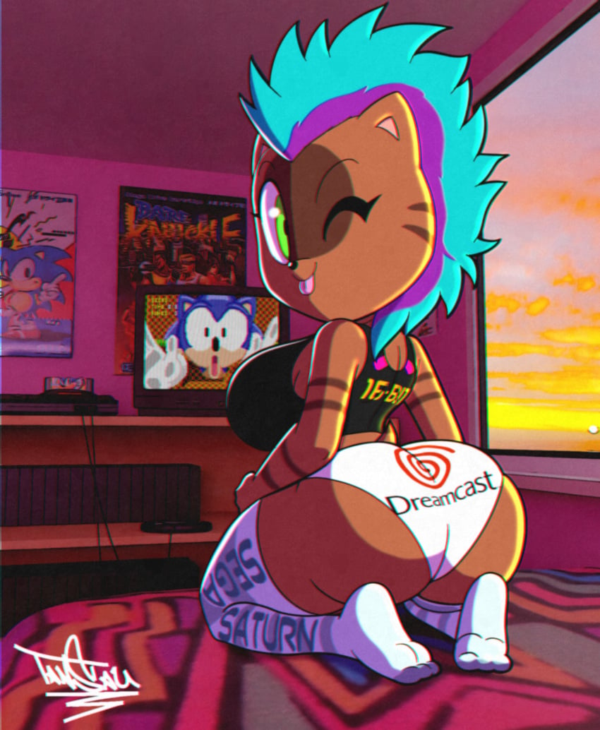 1boy 1girls anthro ass back-print_panties background_character bed big_ass big_breasts big_butt black_eyelashes blep blue_hair breasts classic_sonic clothed clothing controller crop_top detailed_background dreamcast female furniture green_eyes hair inside kneeling legwear looking_at_viewer looking_back looking_back_at_viewer male mammal oc_character on_bed one_eye_closed orange_body orange_fur panties poster_(object) purple_hair retro_console sega sega_dreamcast sega_genesis shirt shocked shocked_expression shocked_face shortstack sideboob signature sonic_(series) sonic_the_hedgehog sonic_the_hedgehog_(series) stockings sunset tansau television text text_on_clothing text_on_panties text_on_underwear thick_thighs tongue tongue_out topwear tv underwear white_clothing white_panties white_underwear window wink winking_at_viewer