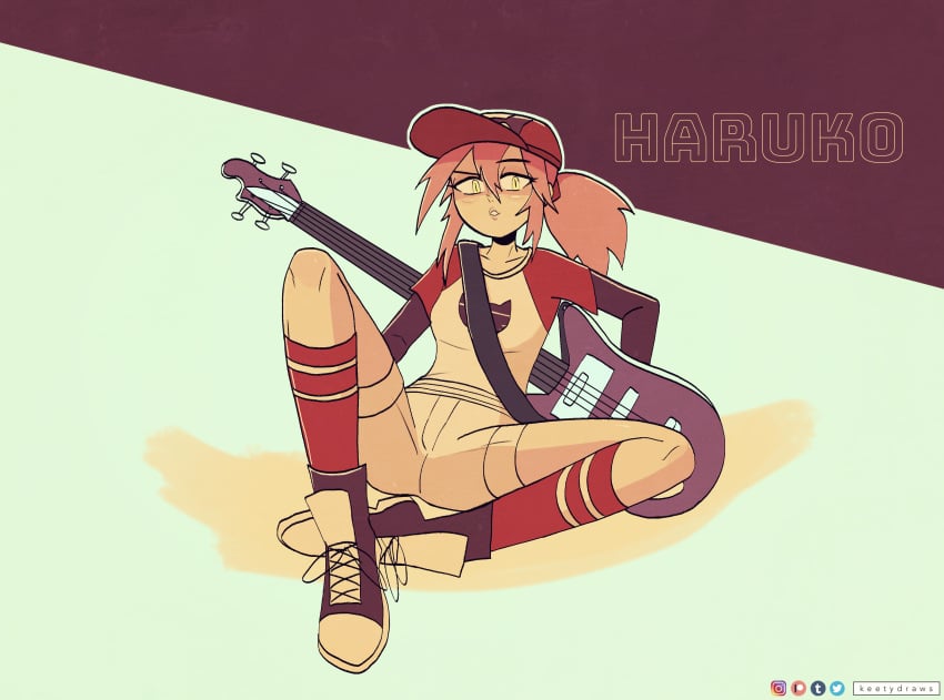 clothing female flcl footwear fully_clothed guitar haruko_haruhara headwear human knee_socks kneehighs kneesocks kt-draws musical_instrument pale_skin red_socks socks tagme