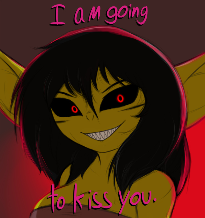 big_ears black_hair black_sclera breasts cleavage goblin goblin_female kierus pointy_ears red_eyes sharp_teeth short_hair threatening threatening_viewer wholesome