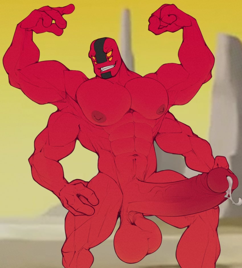 1boy 4_arms 4_eyes 4_fingers belly_button ben_10 big_balls big_pecs big_penis deuzion exhibitionism fourarms gay lykansden male male_only multi_arm multi_eye multi_limb muscular precum presenting_penis red_skin simple_background solo solo_male tagme