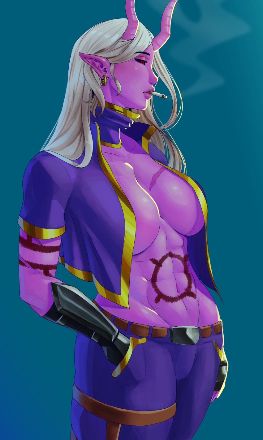 abs blue_clothing breasts cinkoji demon demon_girl demon_horns demoness ear_ring earrings female horn horns jacket long_ears muscular muscular_female oc original original_character purple_skin red_eyes scar smoking solo solo_female tattoo tattoos toned toned_female white_hair