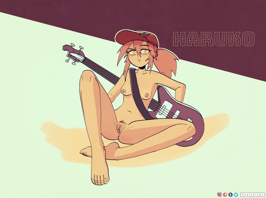 barefoot breasts cap casual feet female flcl guitar haruko_haruhara headwear kt-draws naked naked_female nipples nude nude_female pale_skin pubic_hair pussy solo tagme