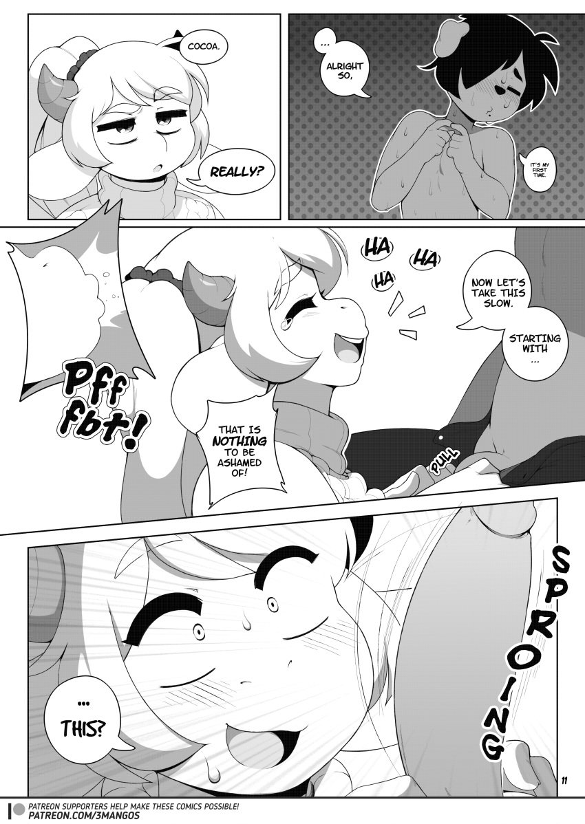 3mangos anabelle_(3mangos) big_penis cock_shock cocoa_(3mangos) comic comic_page cow_girl dog_boy embarrassed femboy first_time furry furry_only horns laugh milf mongoart original penis_awe shy taking_clothes_off text_bubble virgin