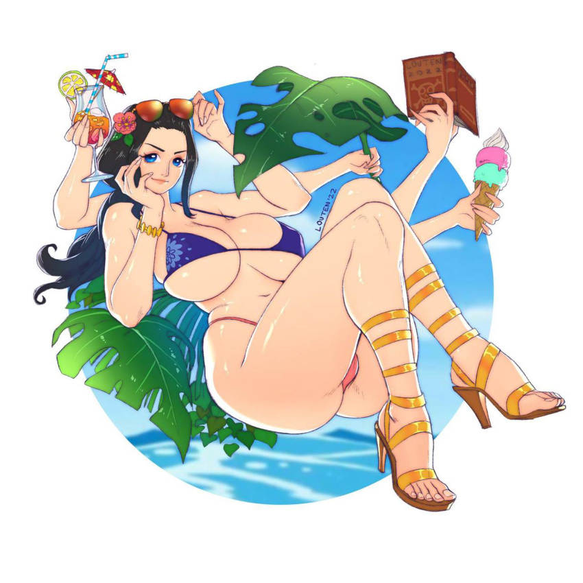 akuma_no_mi big_breasts bikini black_hair blue_eyes book color colored drink female female_only hana_hana_no_mi high_heels huge_breasts ice_cream long_hair looking_at_viewer louten nico_robin one_piece post-timeskip sunglasses sunglasses_on_head thick thick_ass thick_thighs wide_hips