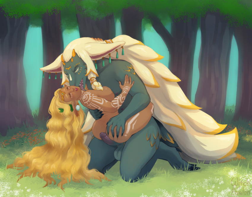 anthro anthro_on_female anthro_on_human balls black_body black_fur blonde_hair breasts canon_couple closed_eyes duo female forest fur furry genitals hair hooves horn human_female humanoid humanoid_pointy_ears husband_and_wife hylian interspecies king_and_queen licking long_hair male male/female nintendo nipples nonhuman_male_on_human_female nude outside penis plant rauru_(tears_of_the_kingdom) sonia_(tears_of_the_kingdom) tan_body tan_skin tears_of_the_kingdom the_legend_of_zelda tongue tongue_out tree white_hair witchofavalon zonai