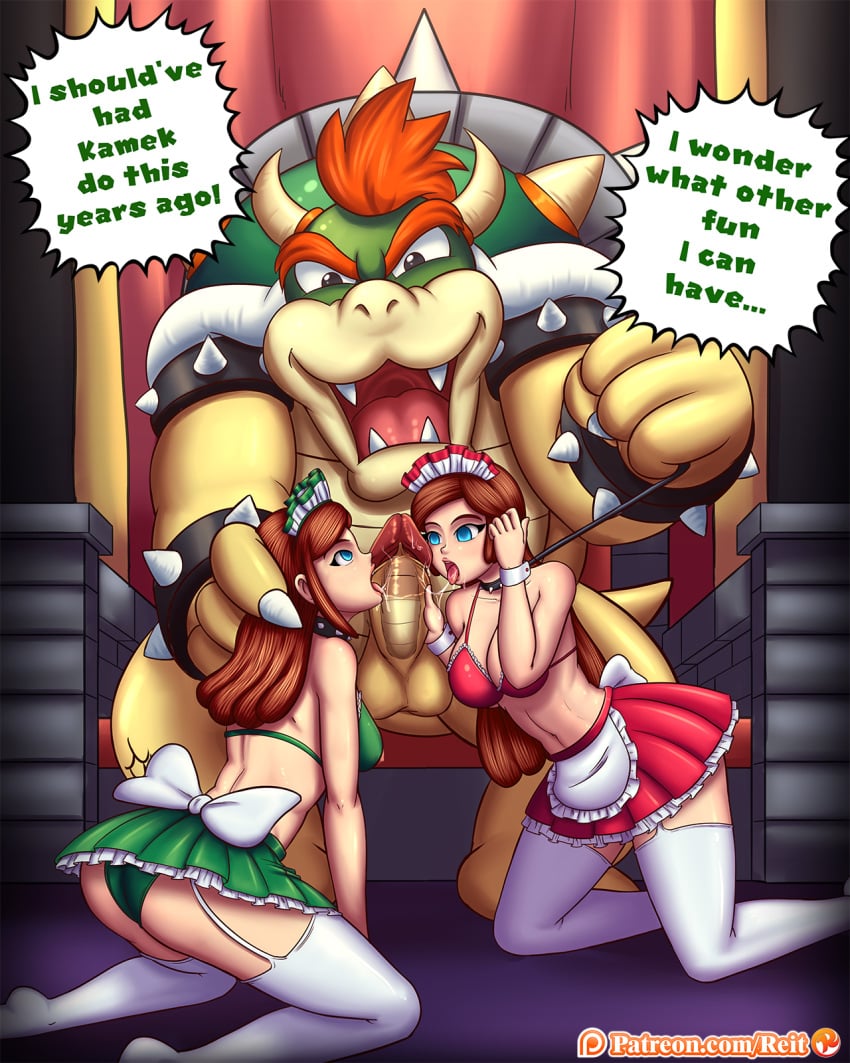 1boy 2girls ass bikini bikini_skirt bikini_top bowser breasts brown_hair collaborative_fellatio comic fellatio female femsub genderswap_(mtf) green_bikini green_bikini_top indoors licking_penis long_hair luigi maid maid_headdress maid_outfit maid_uniform male maledom mario mario_(series) miniskirt multiple_girls multiple_subs navel new_super_mario_bros. penis petplay pimp red_bikini red_bikini_top reit reit9 rule_63 sitting slave spiked_collar submissive_female tagme teamwork testicles thighhighs white_thighhighs