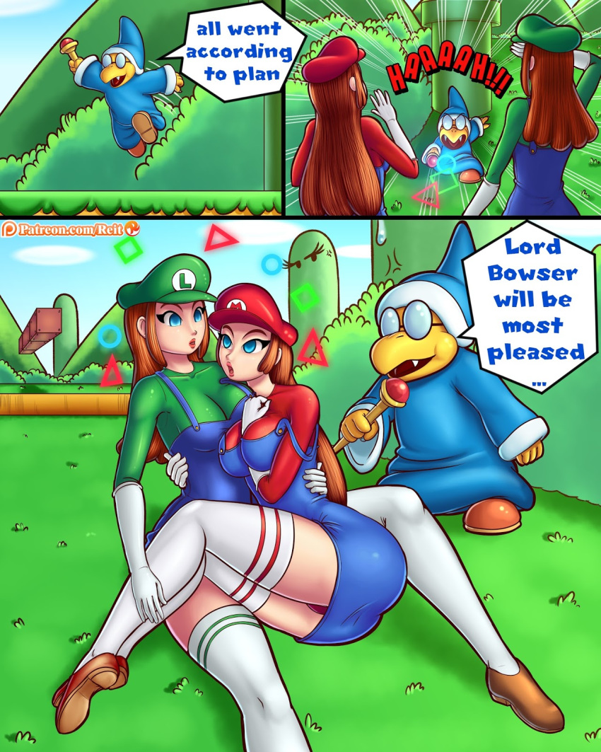 1boy 2girls comic female genderswap_(mtf) kamek luigi male mario mario_(series) multiple_girls new_super_mario_bros. outdoors reit reit9 rule_63 tagme