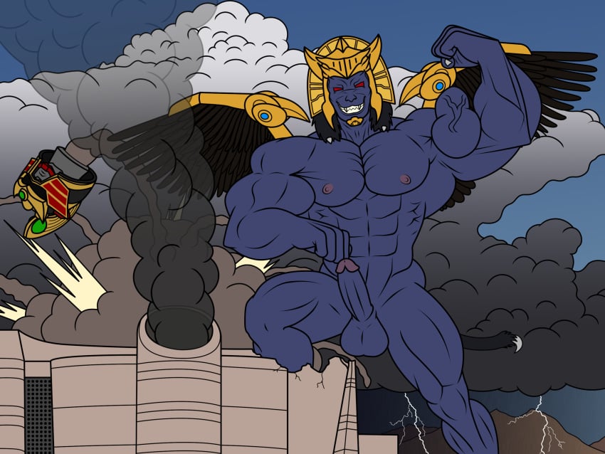 bad_end destruction erection explosion flexing flexing_bicep gmxmuscle goldar hi_res humanoid macro male male_only megazord mighty_morphin_power_rangers monster muscular nipples power_rangers solo sonicality thunderstorm wings