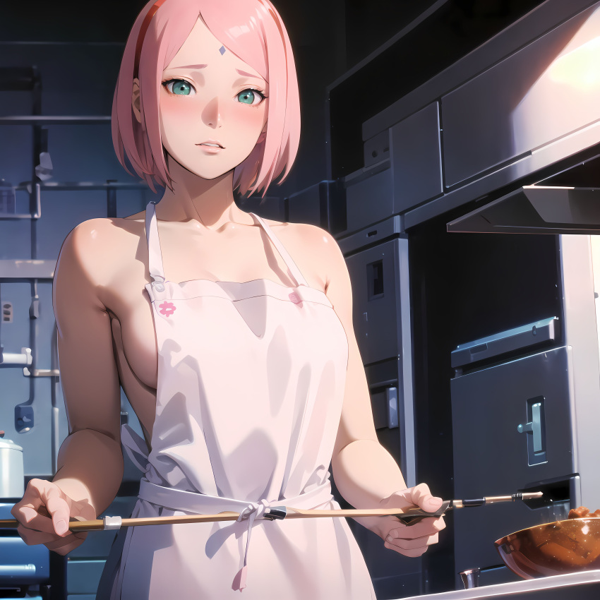 1girls ai_generated alyxra apron apron_only blush boruto:_naruto_next_generations female female_only green_eyes indoors jordan53 kitchen long_hair looking_at_viewer mature mature_female milf nai_diffusion naked_apron naruto naruto_(series) pink_hair sakura_haruno solo solo_focus stable_diffusion