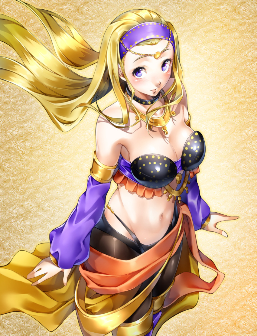 1girls black_crop_top black_pants blonde_hair breasts choker circlet clothing crop_top dancer dancer_outfit detached_sleeves dragon_quest dragon_quest_xi hairband harem_outfit long_hair looking_at_viewer medium_breasts midriff nakano_maru navel necklace pants purple_eyes serena_(dq11)