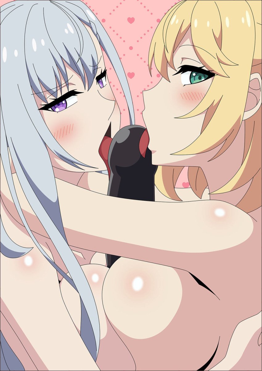 2girls anisphia_wynn_palettia atelier_gons big_breasts blonde_hair breast_press collaborative_fellatio dildo double_fellatio double_paizufella double_paizuri euphyllia_magenta fellatio licking_penis multiple_girls naked paizuri silver_hair symmetrical_docking teamwork tensei_oujo_to_tensai_reijou_no_mahou_kakumei yuri