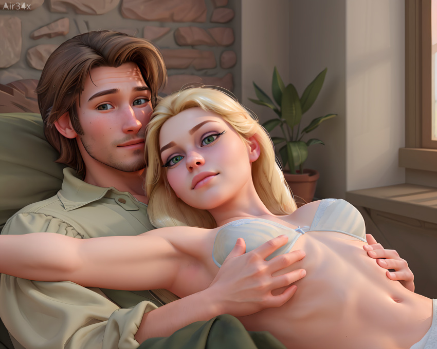 1boy 1girls ai_generated air34x armpits blonde_female blonde_hair bra canon_couple couple disney disney_princess eugene_fitzherbert female flynn_rider green_eyes hand_on_breast light-skinned_female lingerie lingerie_only lying_on_back lying_on_person male petite rapunzel small_breasts straight strapless_bra suggestive tangled