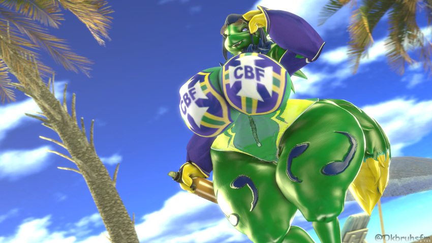 3d_(artwork) anthro ass bandai_namco beach big_breasts big_butt brazil breasts clothing curvy_figure digimon digimon_(species) digital_media_(artwork) eyewear gynomorph hi_res huge_breasts huge_butt huge_thighs intersex looking_at_viewer ok_bruh renamon seaside slightly_chubby solo source_filmmaker sunglasses swimwear thick_thighs voluptuous warfare_machine