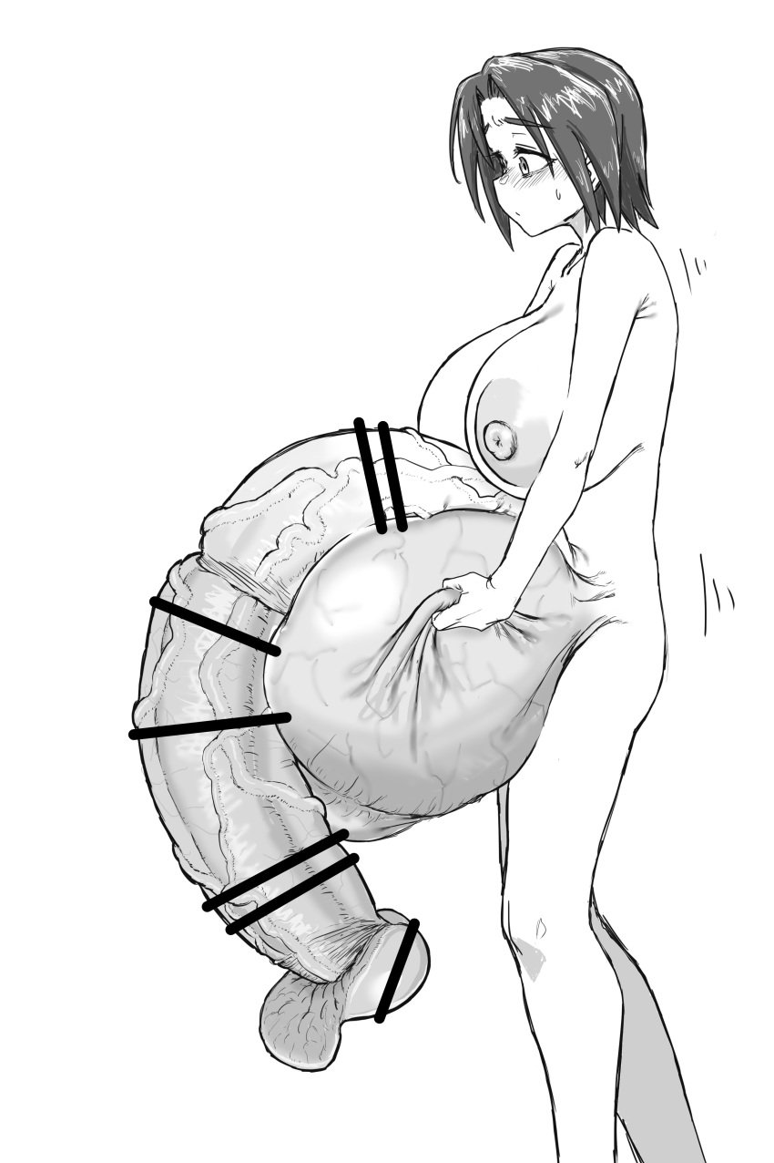 1futa areolae balls bar_censor big_glans black_and_white black_hair breasts censored flaccid fully_retracted_foreskin futa_only futanari huge_breasts human hyper hyper_balls hyper_penis large_breasts long_corona_of_glans_penis monochrome nipples nude penis ppopopere shinisou-nakoorogi short_hair solo standing