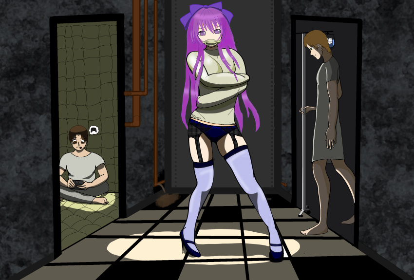 2boys1girl abandoned_building asylum deep_blue_panties eronsfw female gagged gagged_female helpless helpless_girl light_purple_stockings lingerie medical_fetish medical_gag padded_cell padded_room purple_eyes purple_hair straitjacket thigh_highs