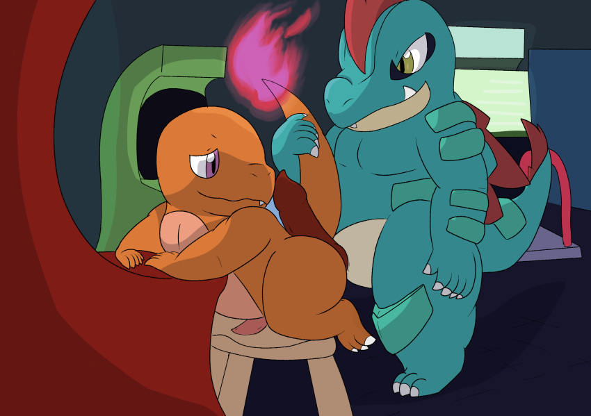 anthro arcade arcade_machine blue_body cel_shading charmander crocodilian digital_media_(artwork) duo feral feraligatr generation_1_pokemon generation_2_pokemon genitals hi_res lemonoki lizard male male/male nintendo orange_body penis pokemon pokemon_(species) public public_sex reptile scalie sex shaded tail