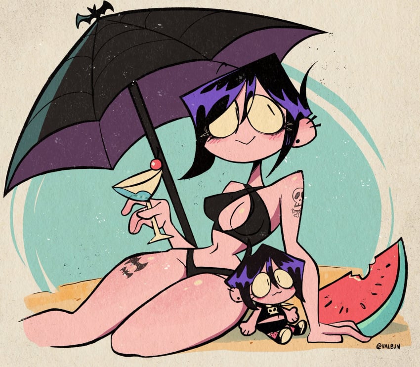 (watermelon beach beach_background beach_umbrella big_ass big_breasts big_butt bikini bikini_bottom bikini_top black_bra black_clothing black_hair black_panties bra breasts dark_clothing drinking ear_piercing earrings eyeliner female female_only full_body fully_clothed goth goth_girl gothic light-skinned_female neckline panties plushie purple_hair short_hair swimsuit swimwear tagme tattoo tattoo_on_chest tattoo_on_legs tattooed_arm tattoos thick thick_ass thick_legs