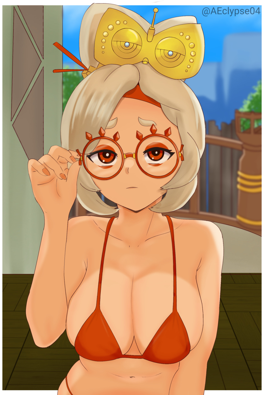 1girls adjusting_glasses blue_sky cleavage eclypse female female_only glasses hair_ornament micro_bikini nintendo purah purah_(tears_of_the_kingdom) red_bikini red_eyes short_hair solo tagme tears_of_the_kingdom the_legend_of_zelda tree white_hair