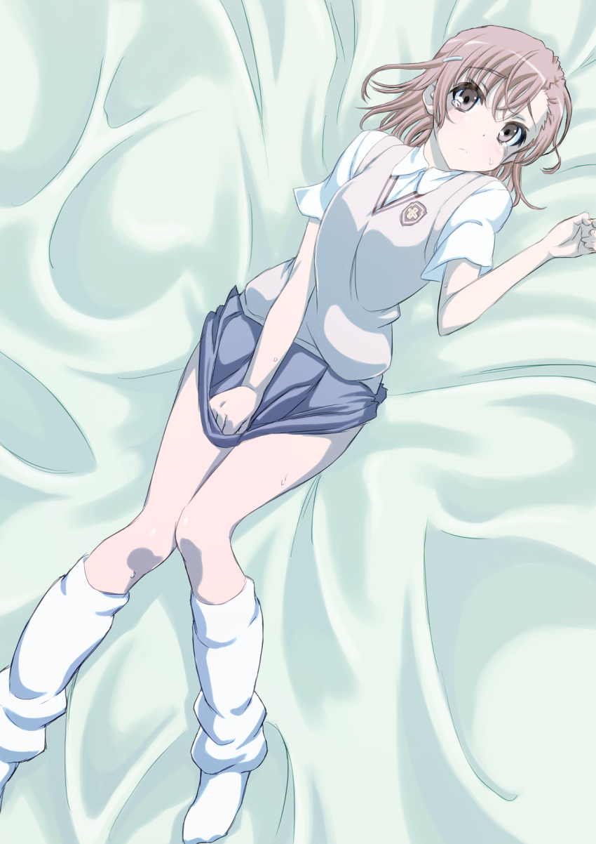 10s 1girls 2014 :< ayumu-k bare_thighs bed_sheet blush brown_eyes brown_hair clothed clothed_female clothes_pull female hair_ornament hairclip hi_res looking_at_viewer loose_socks lying matching_hair/eyes miniskirt misaka_mikoto night on_back on_bed school_uniform schoolgirl short_hair skirt skirt_pull skirt_tug socks solo sweat tears teenage_girl teenager thighs to_aru_kagaku_no_railgun to_aru_majutsu_no_index tokiwadai_school_uniform very_short_skirt white_socks young