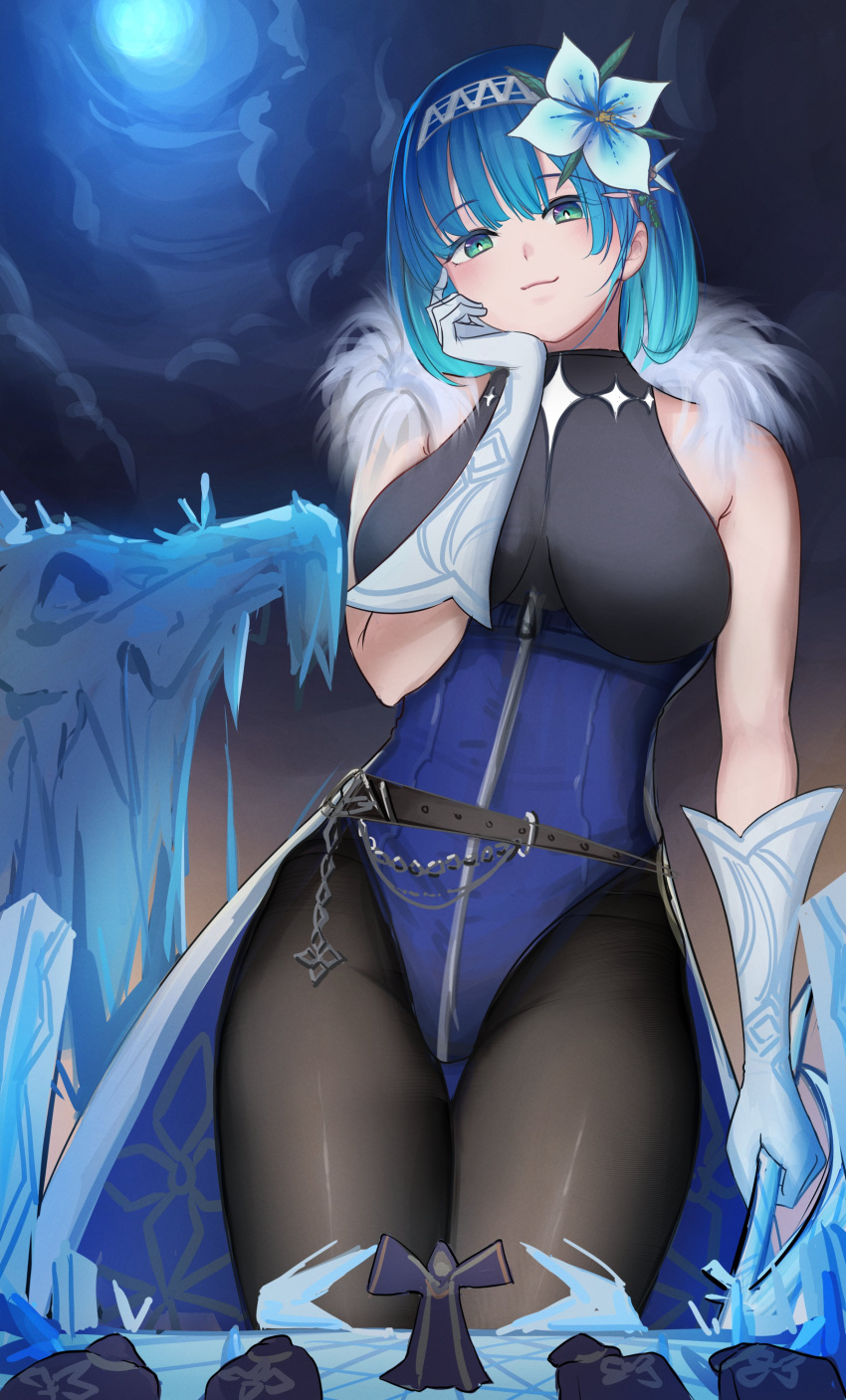 blue_hair giantess goddess ice kuroihassan macro pantyhose priest size_difference smile